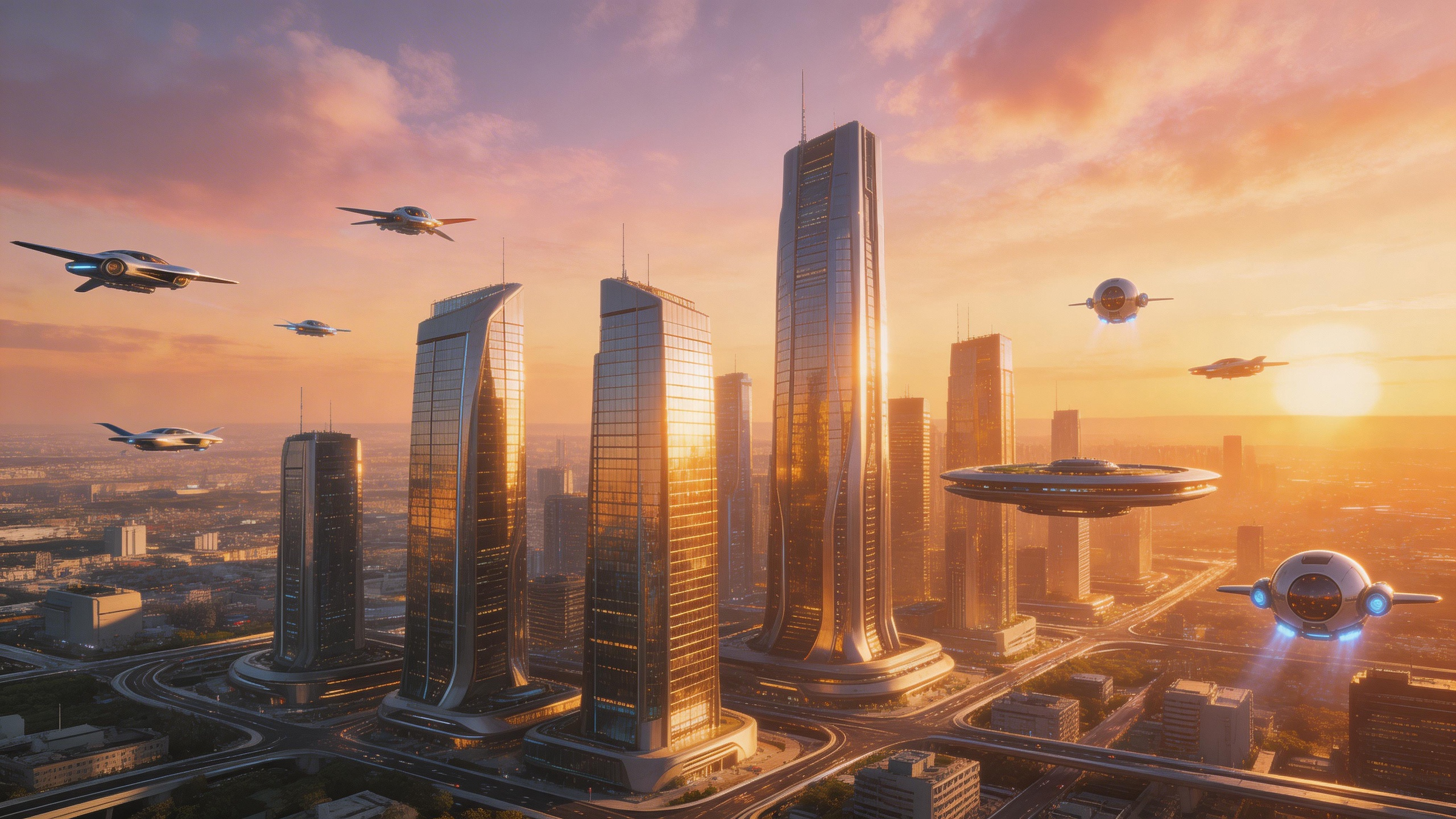A breathtaking aerial view of a futuristic city at sunset, golden light reflecti