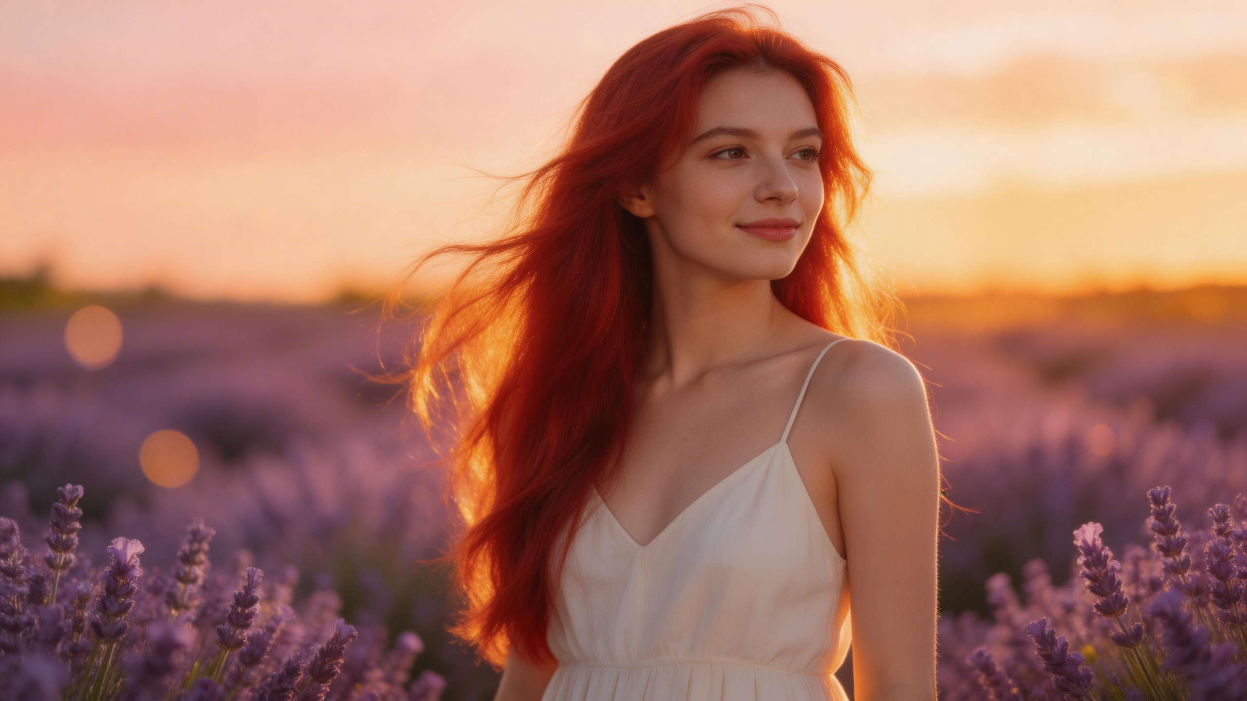 Portrait of a young woman with flowing red hair standing in a field of lavender,