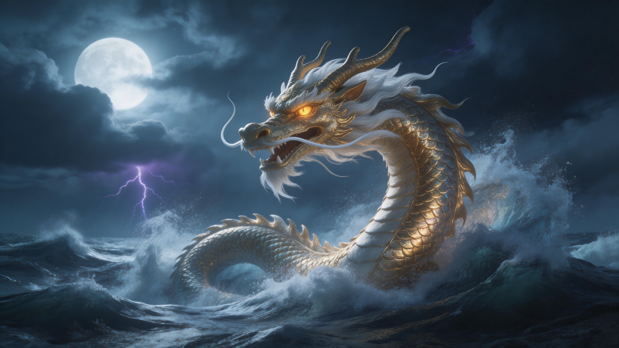 A majestic Chinese dragon emerging from stormy ocean waves under a moonlit sky,