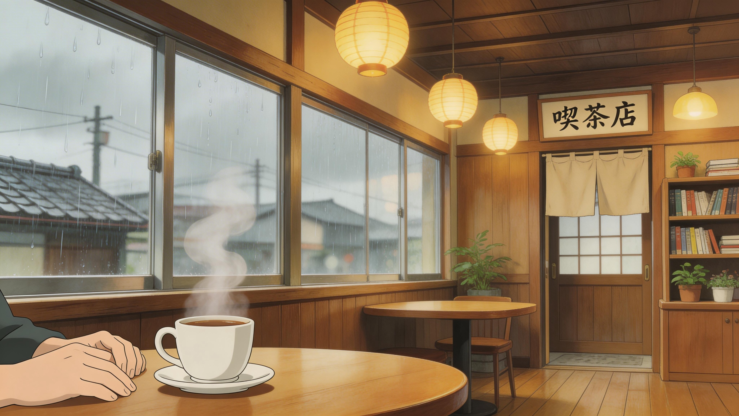 Cozy Japanese cafe interior during rain, warm ambient lighting, steam rising fro