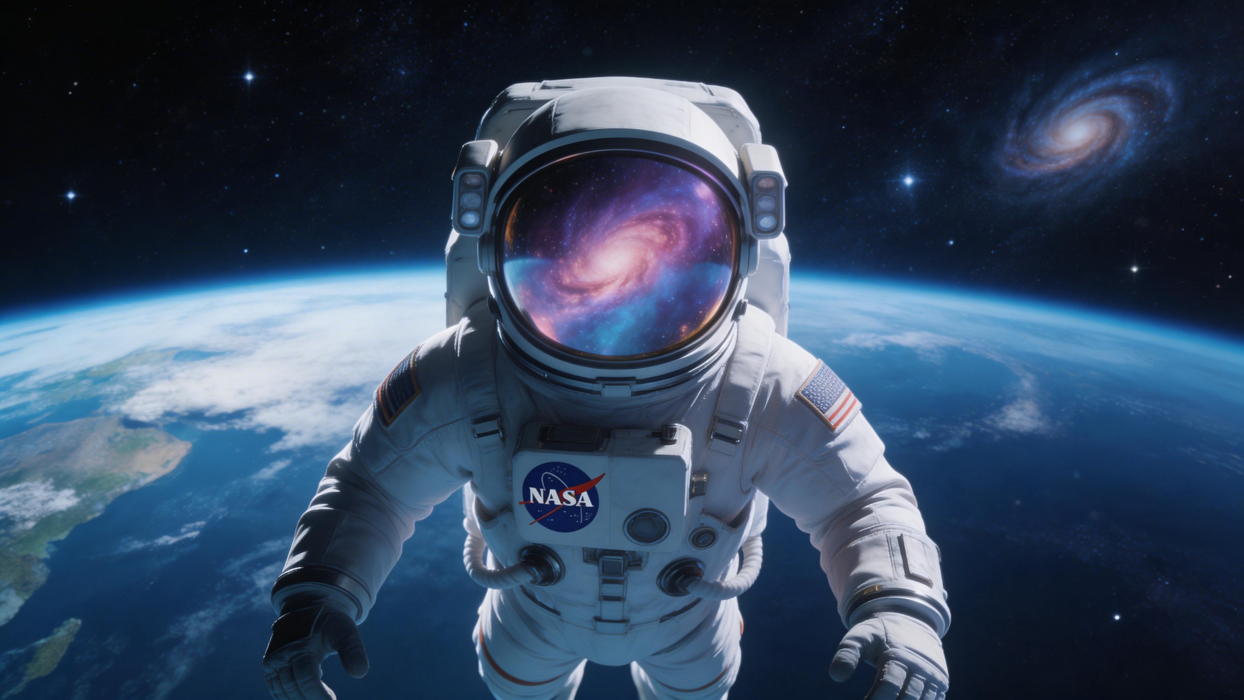 An astronaut floating above Earth, reflection of nebula in the visor, hyperreali