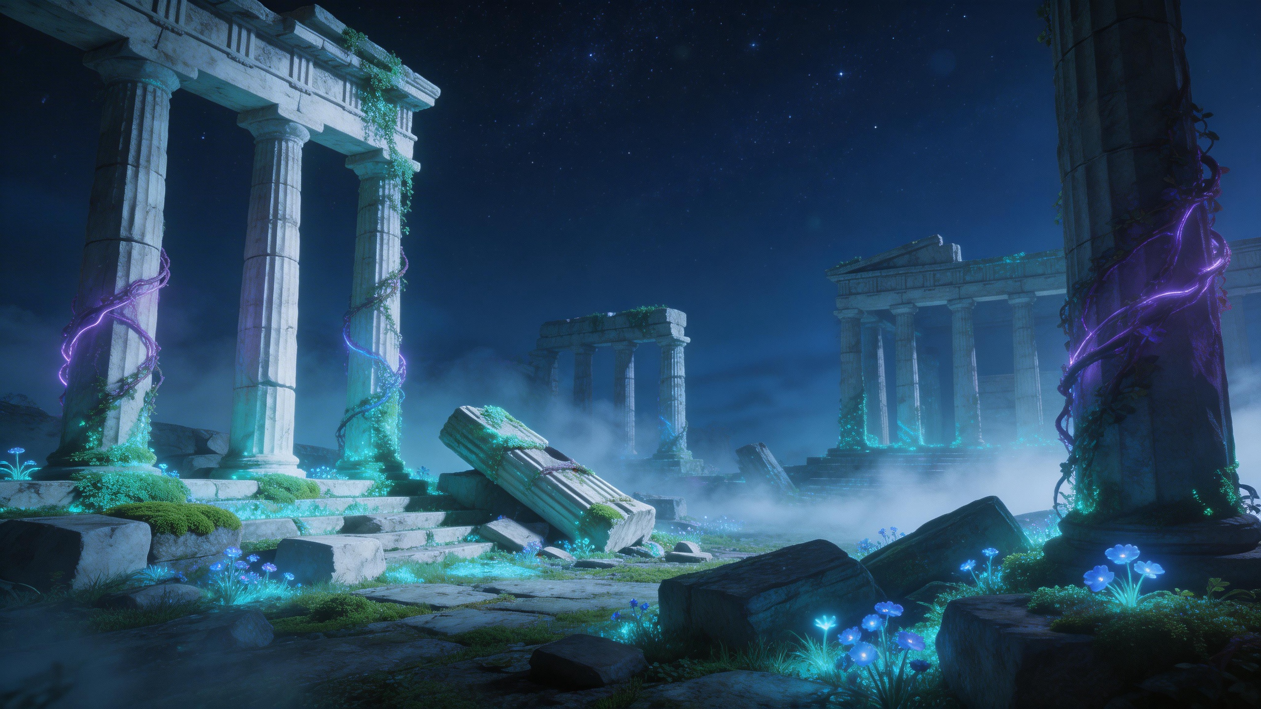 Ancient Greek temple ruins overgrown with bioluminescent plants at night, mystic