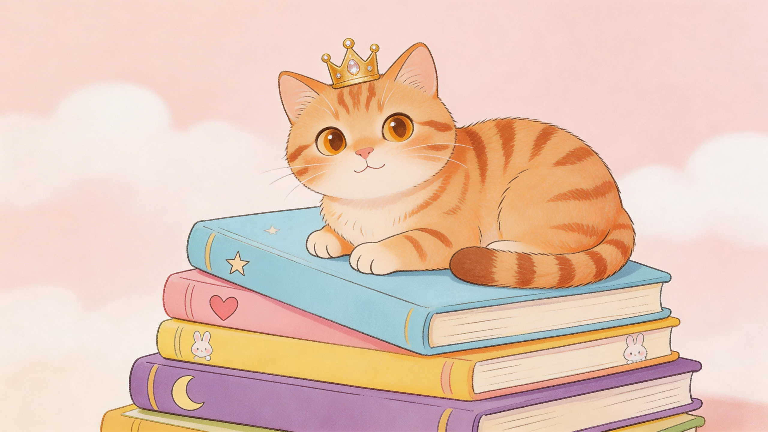 A cute orange tabby cat wearing a tiny crown sitting on a stack of books, whimsi