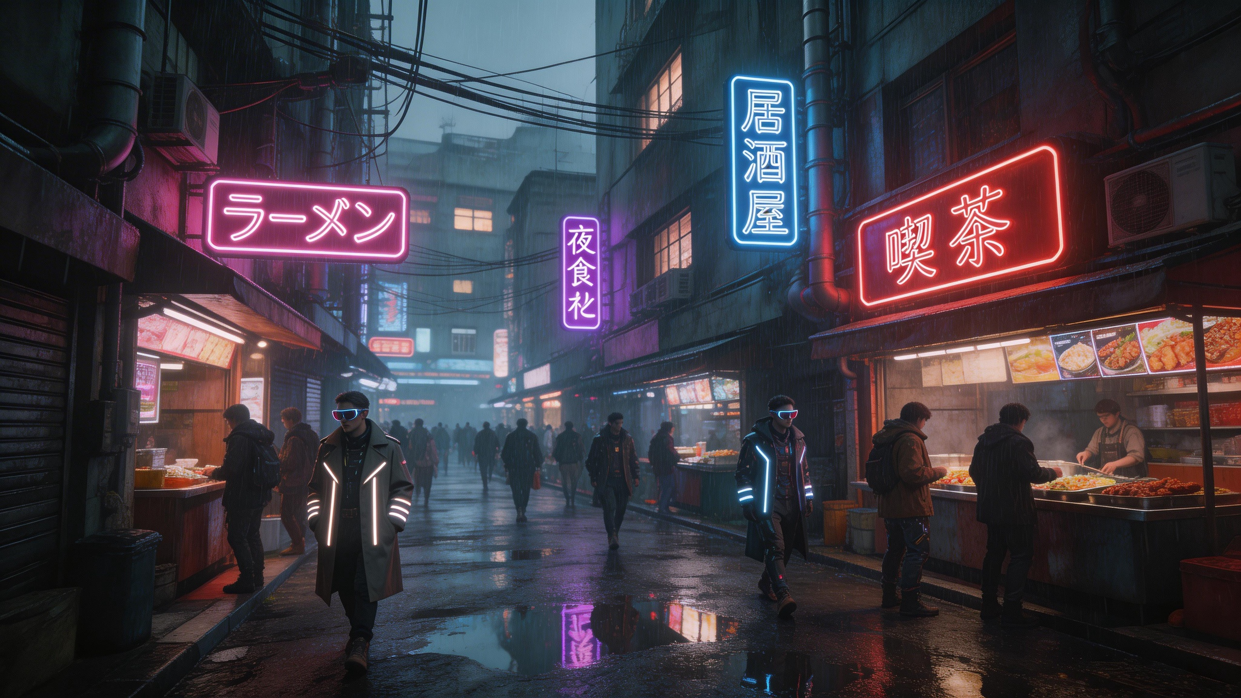 Cyberpunk street market in Tokyo, neon signs in Japanese, rain-soaked reflection