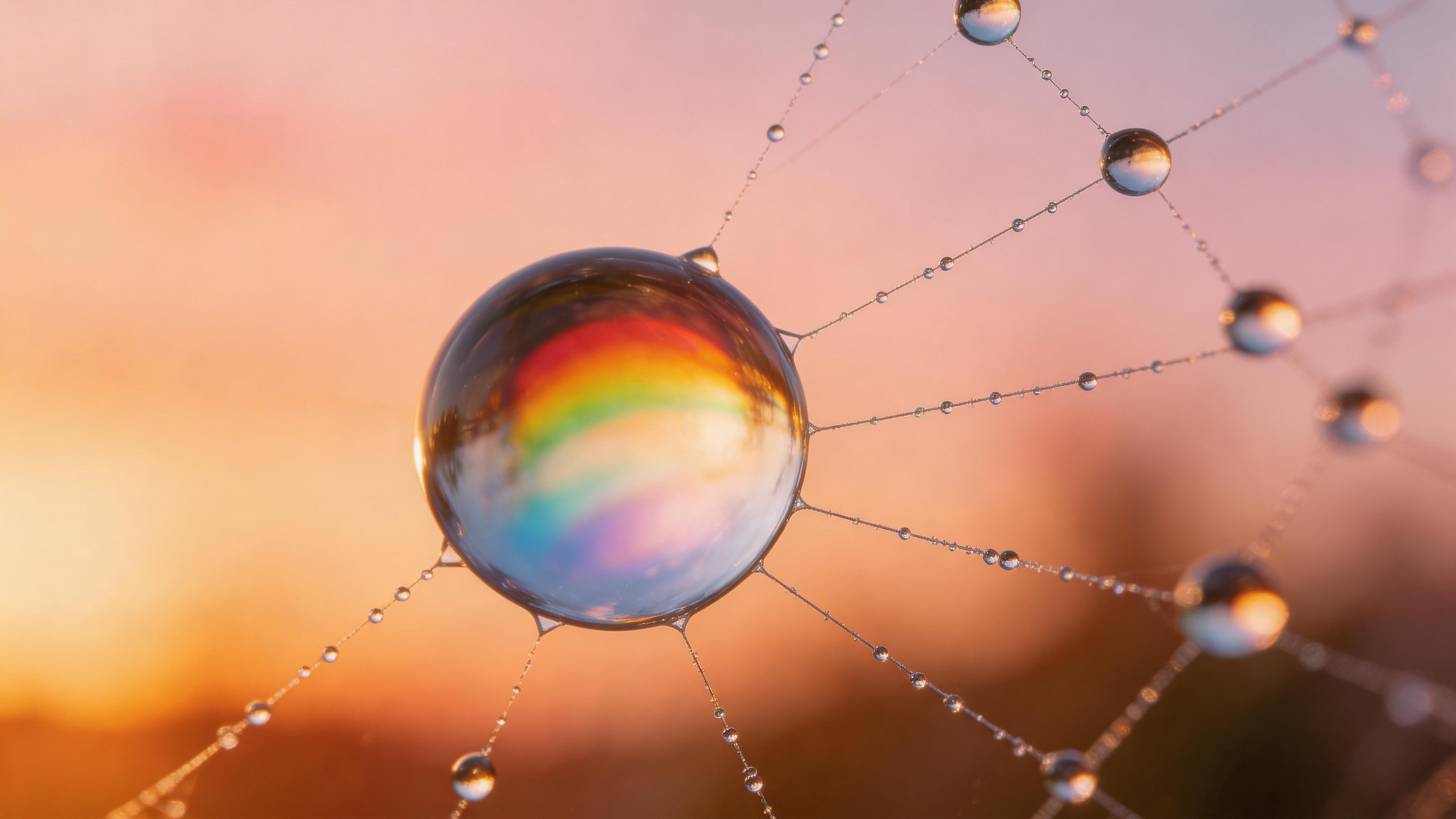 Macro photography of a dewdrop on a spider web at sunrise, rainbow light refract