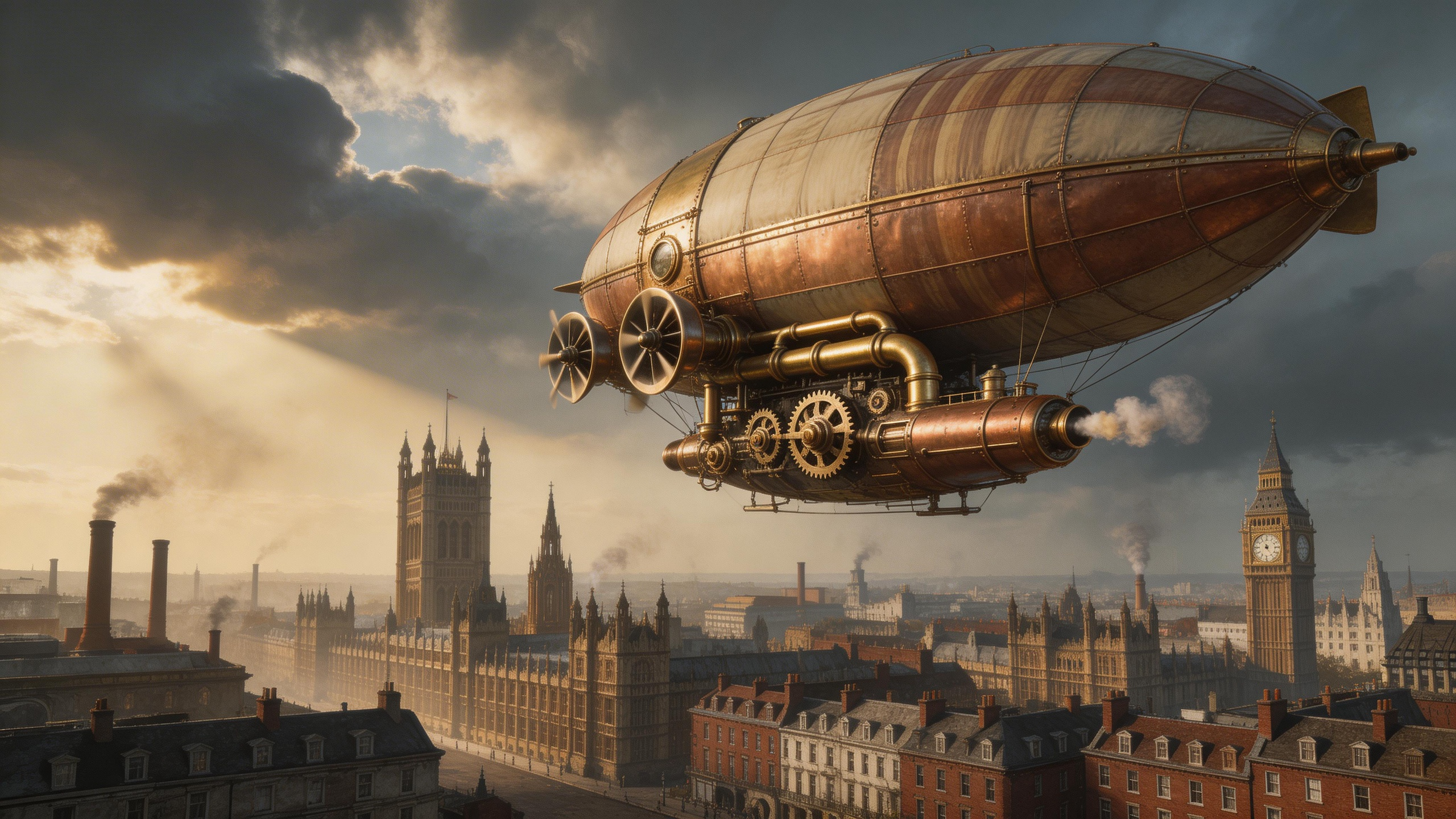 A steampunk airship floating above Victorian London, copper and brass details, d