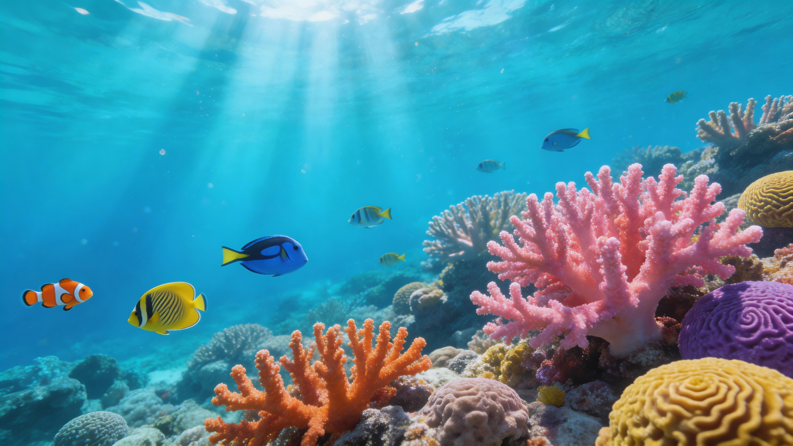 Underwater coral reef scene with tropical fish, sunbeams penetrating clear water