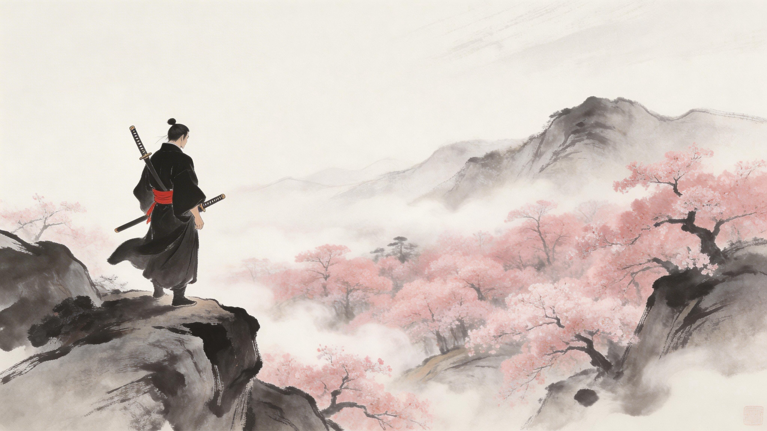 A lone samurai standing on a cliff overlooking cherry blossom valley, traditiona