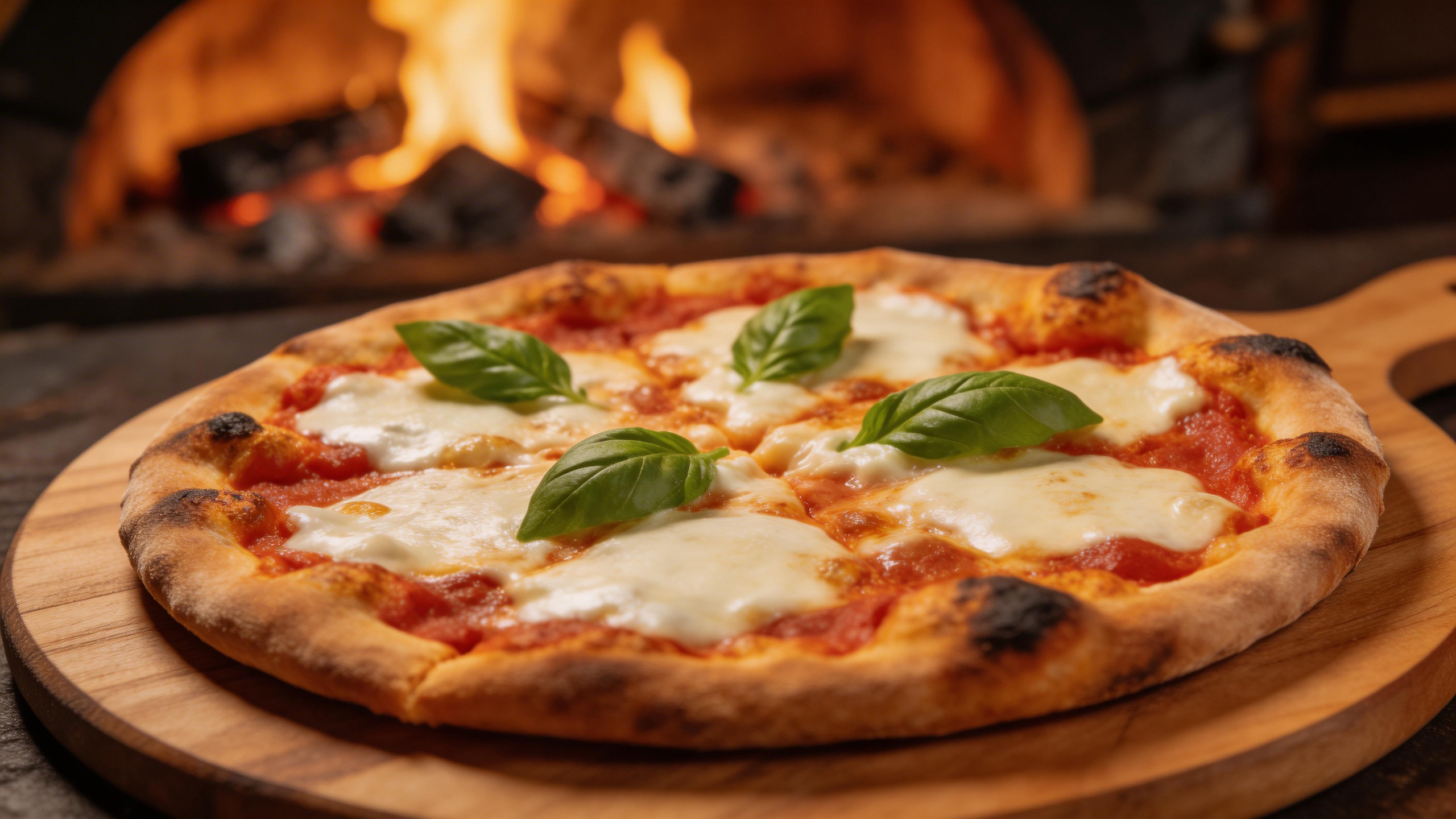 Delicious artisan pizza fresh from a wood-fired oven, melted mozzarella, basil l