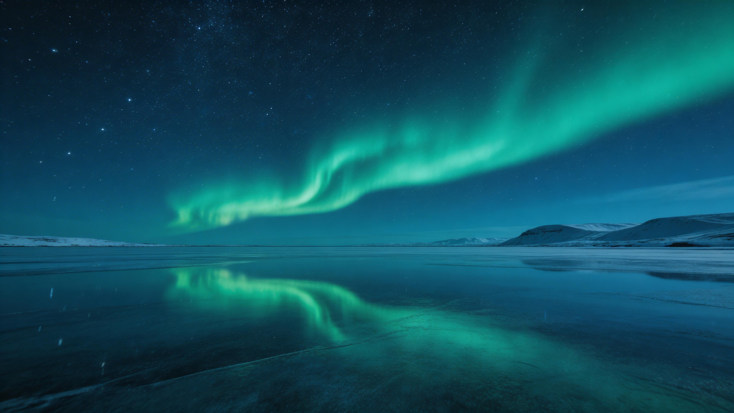 Northern lights aurora borealis over a frozen lake in Iceland, mirror reflection