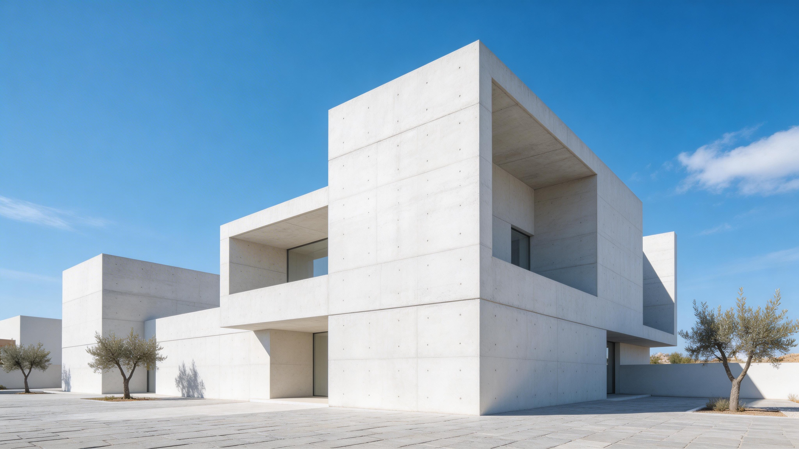 Minimalist modern architecture, white concrete building with geometric shapes, M