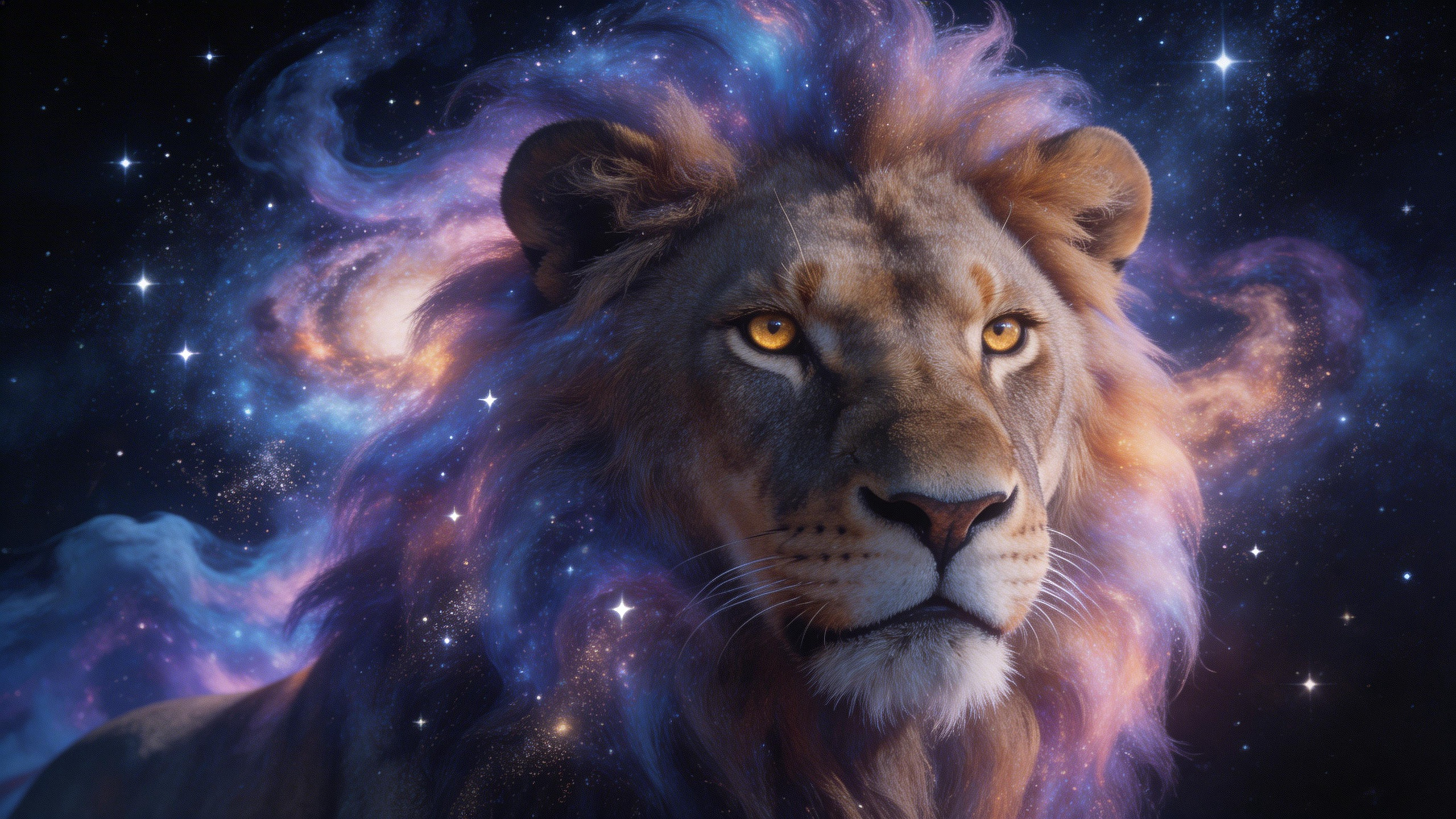 A majestic lion portrait with a galaxy-themed mane, cosmic dust and stars swirli