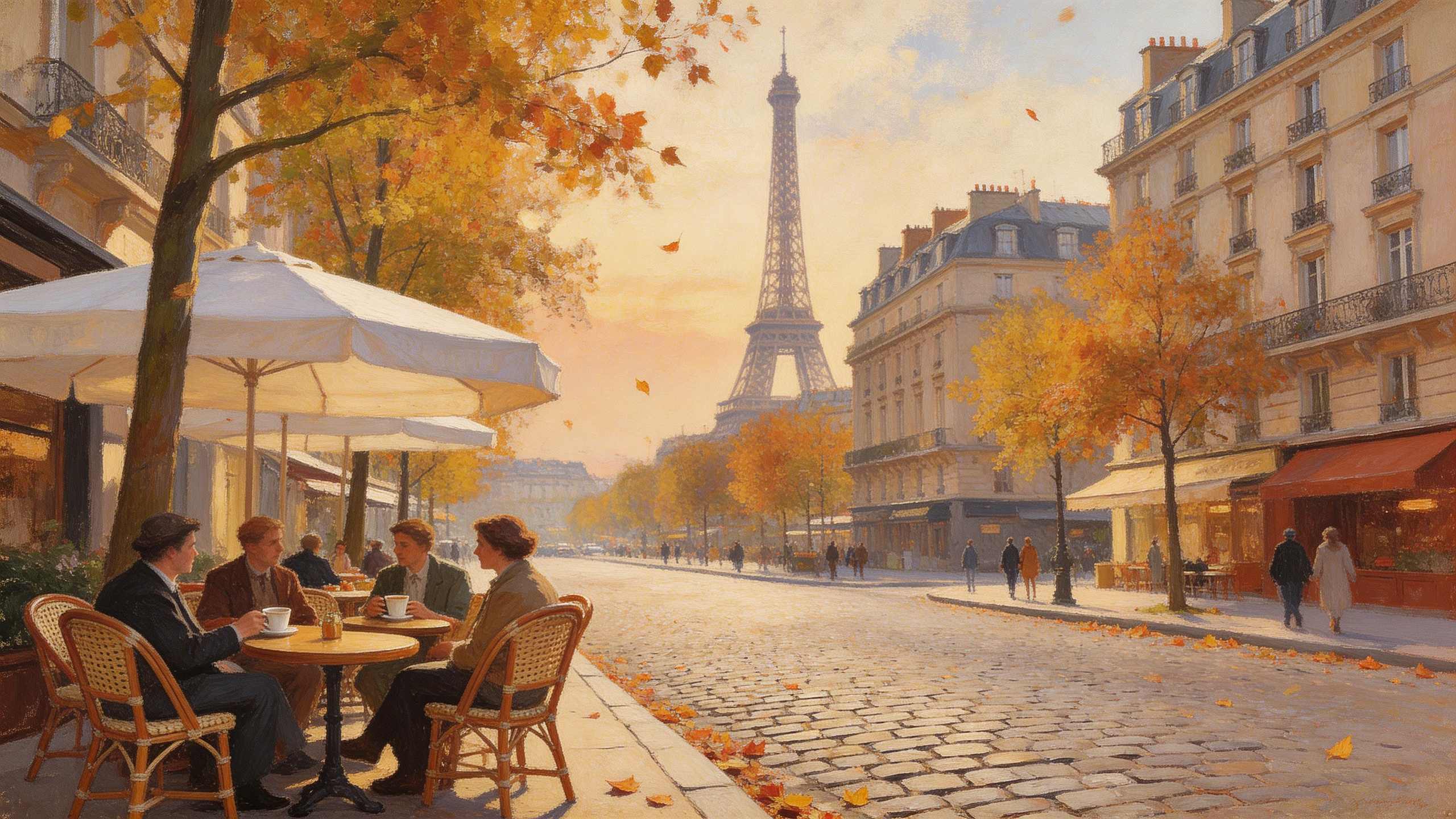 Vintage Parisian street scene with Eiffel Tower in background, autumn leaves, ca