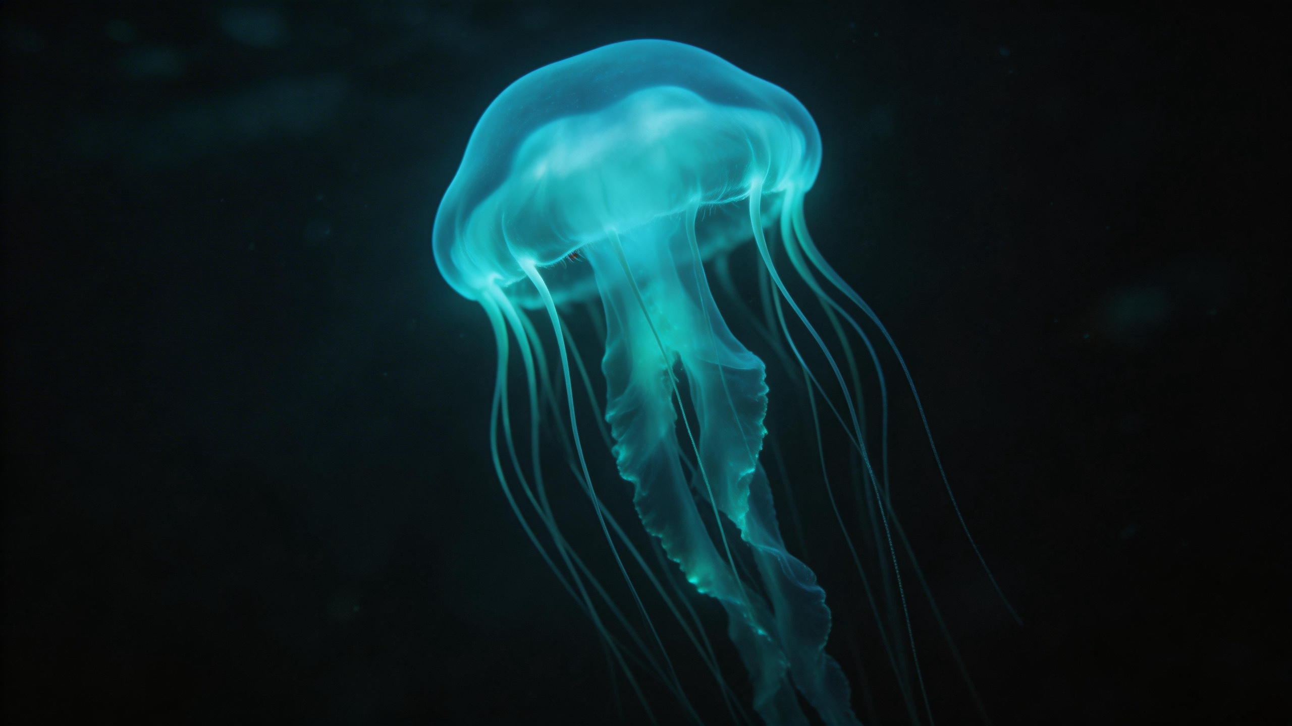 A bioluminescent jellyfish in deep dark ocean, ethereal glow, long tendrils, mac