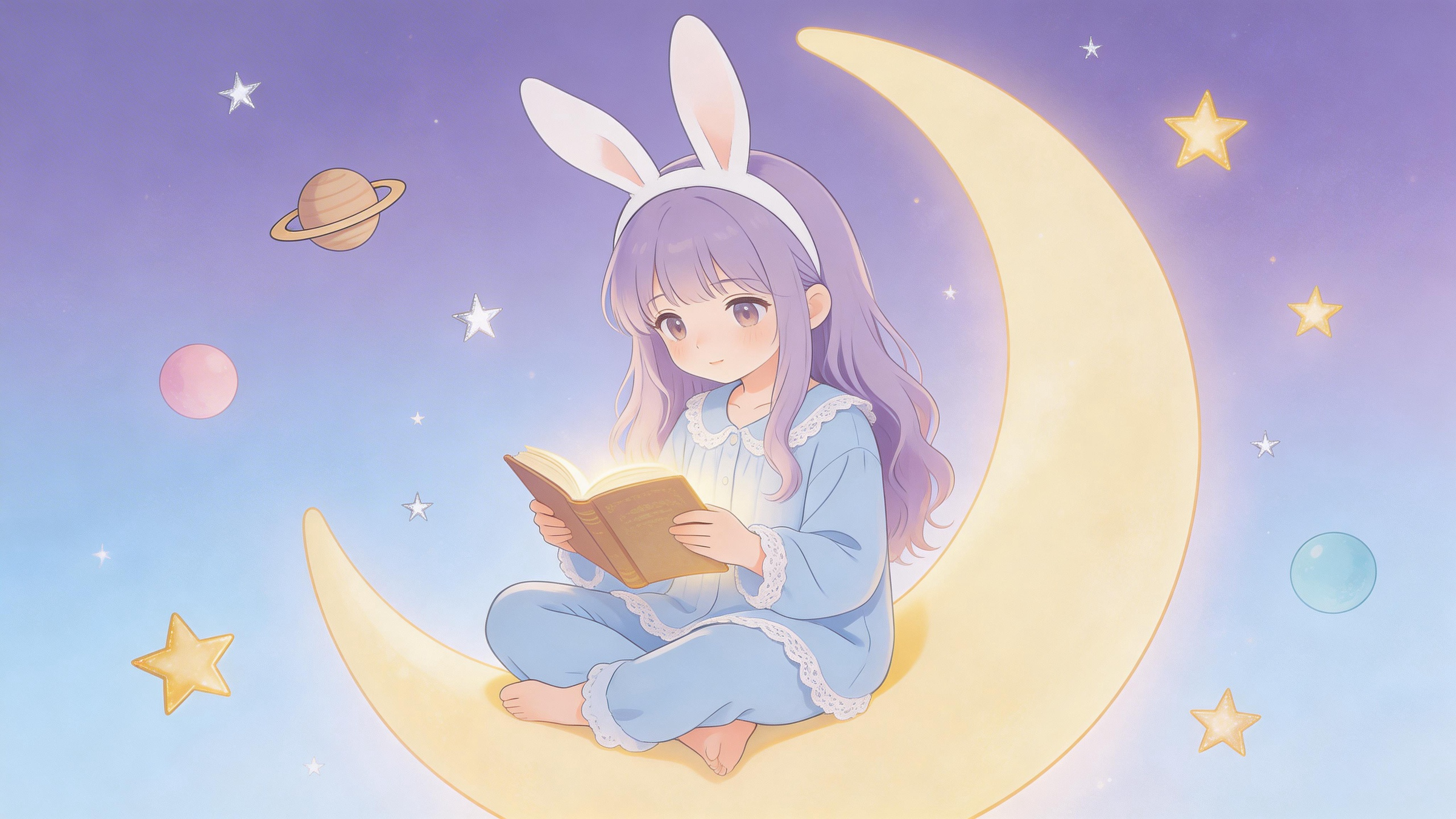 Anime-style illustration of a girl sitting on a crescent moon reading a book, st