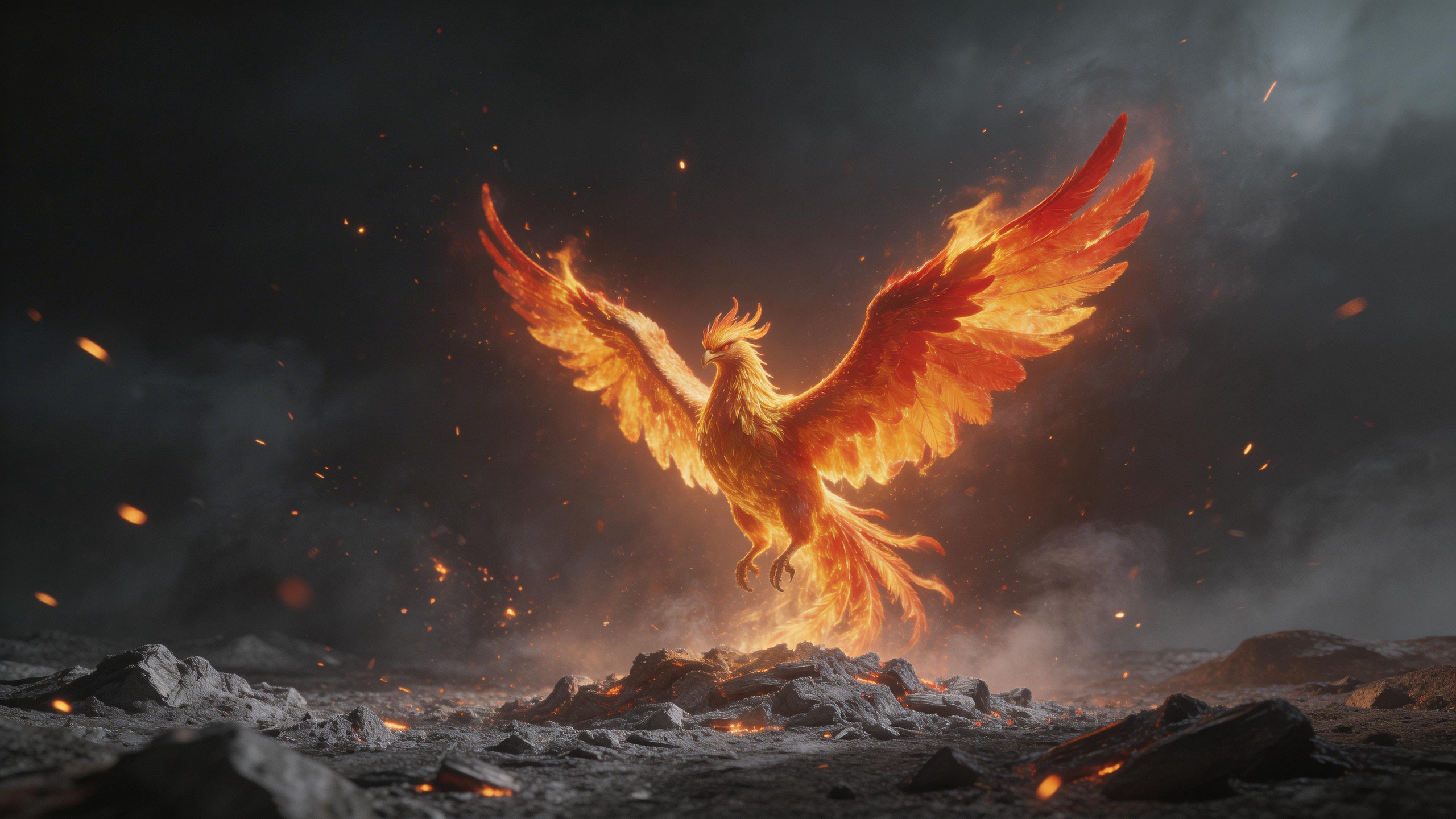 A phoenix rising from ashes, fire and ember particles, dark fantasy atmosphere,