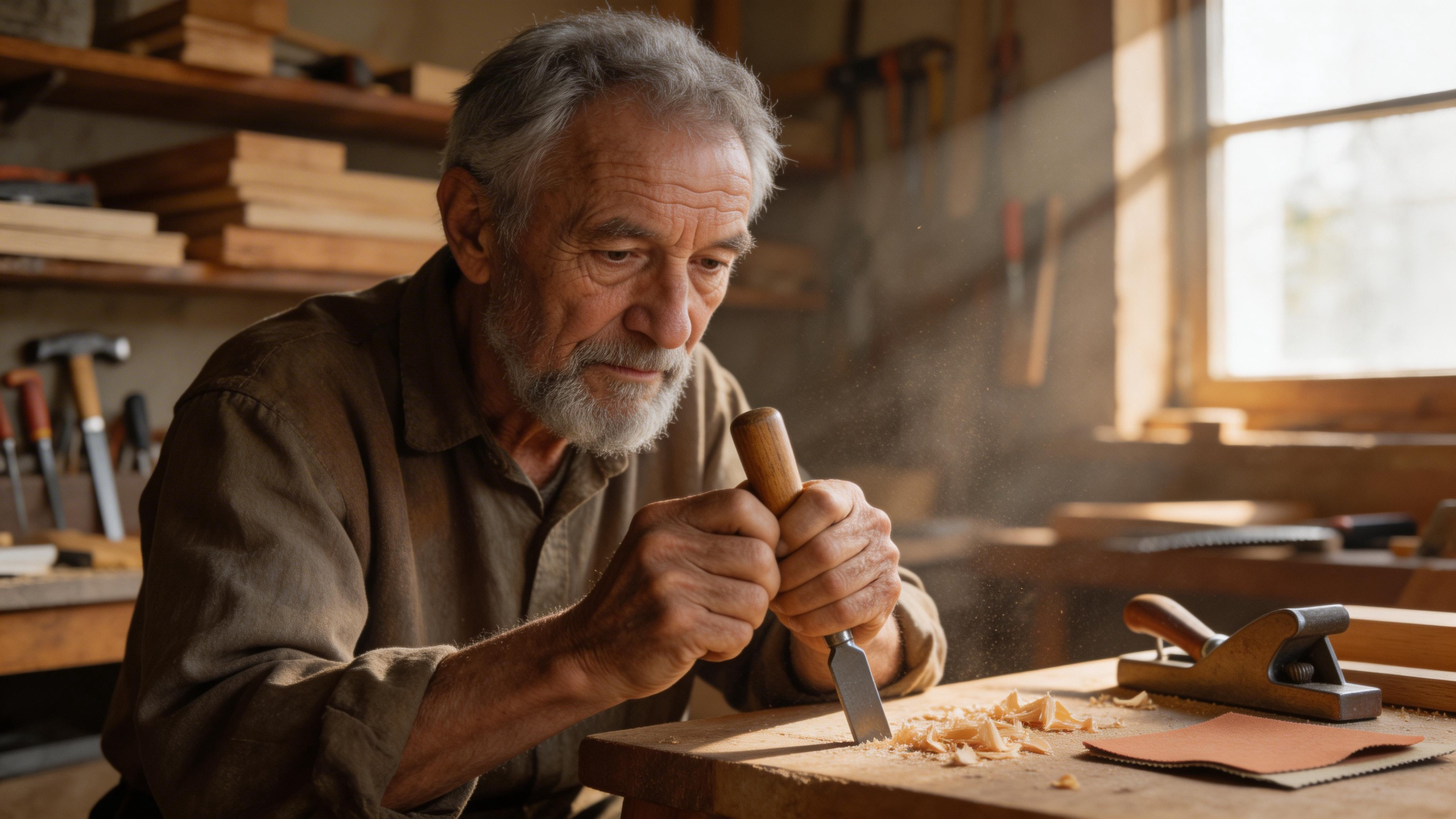 Hyper-realistic portrait of an elderly craftsman in his workshop, weathered hand