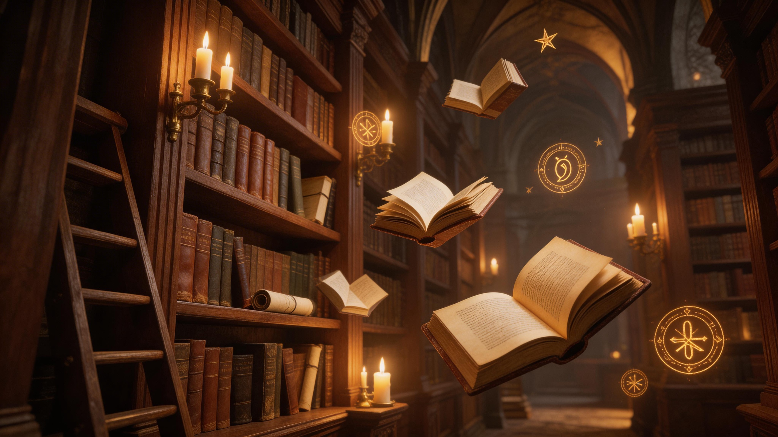 A magical library with floating books and glowing runes, dark academia aesthetic