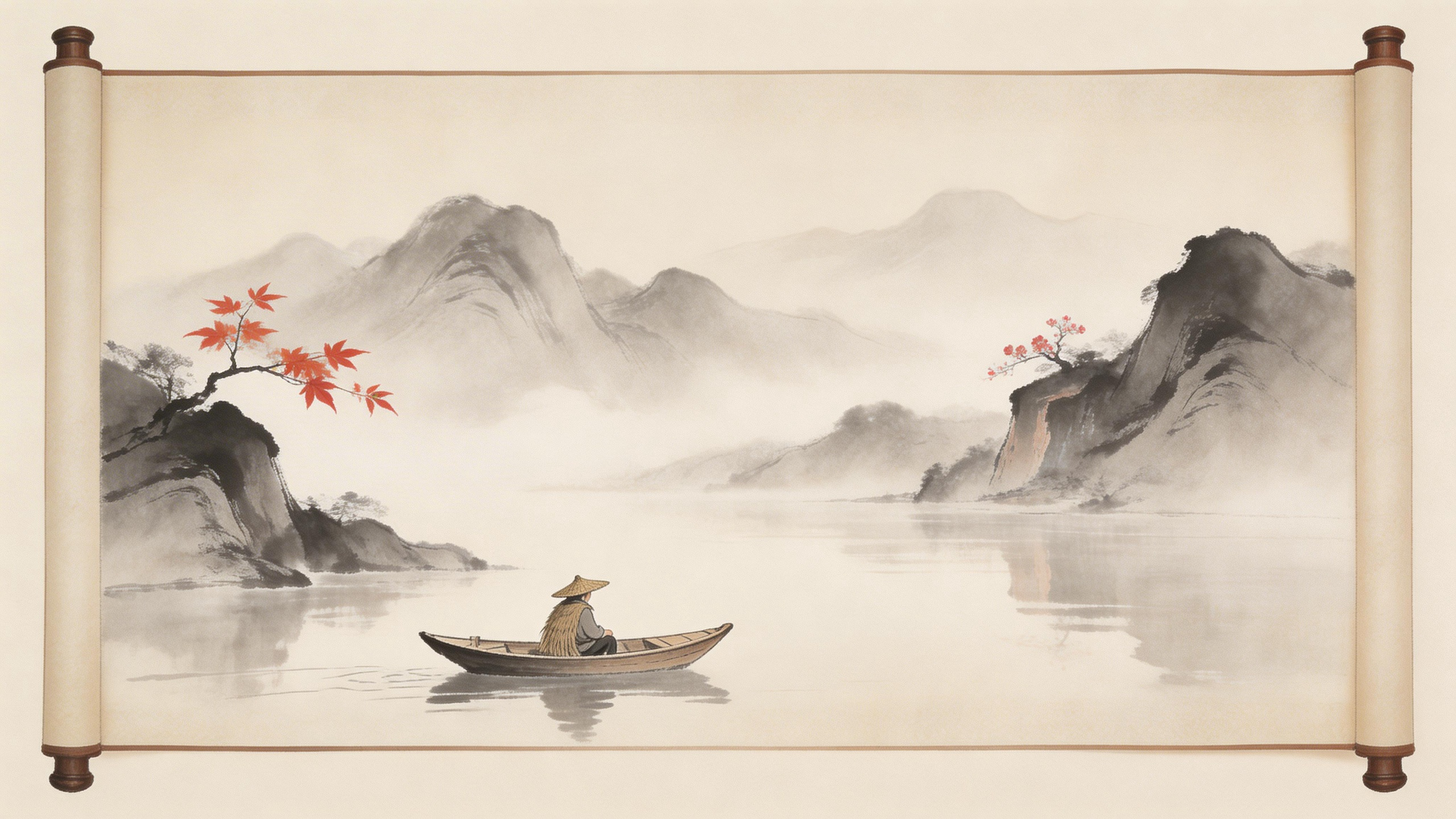 Traditional Chinese ink painting of misty mountains with a solitary boat on a ri