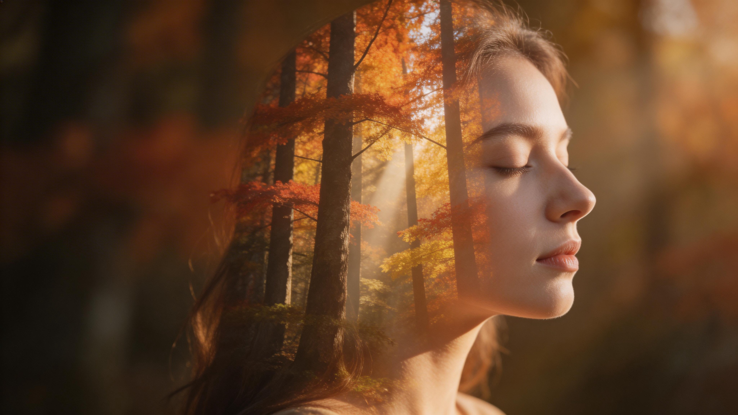 Double exposure portrait blending a woman's face with a forest landscape, autumn