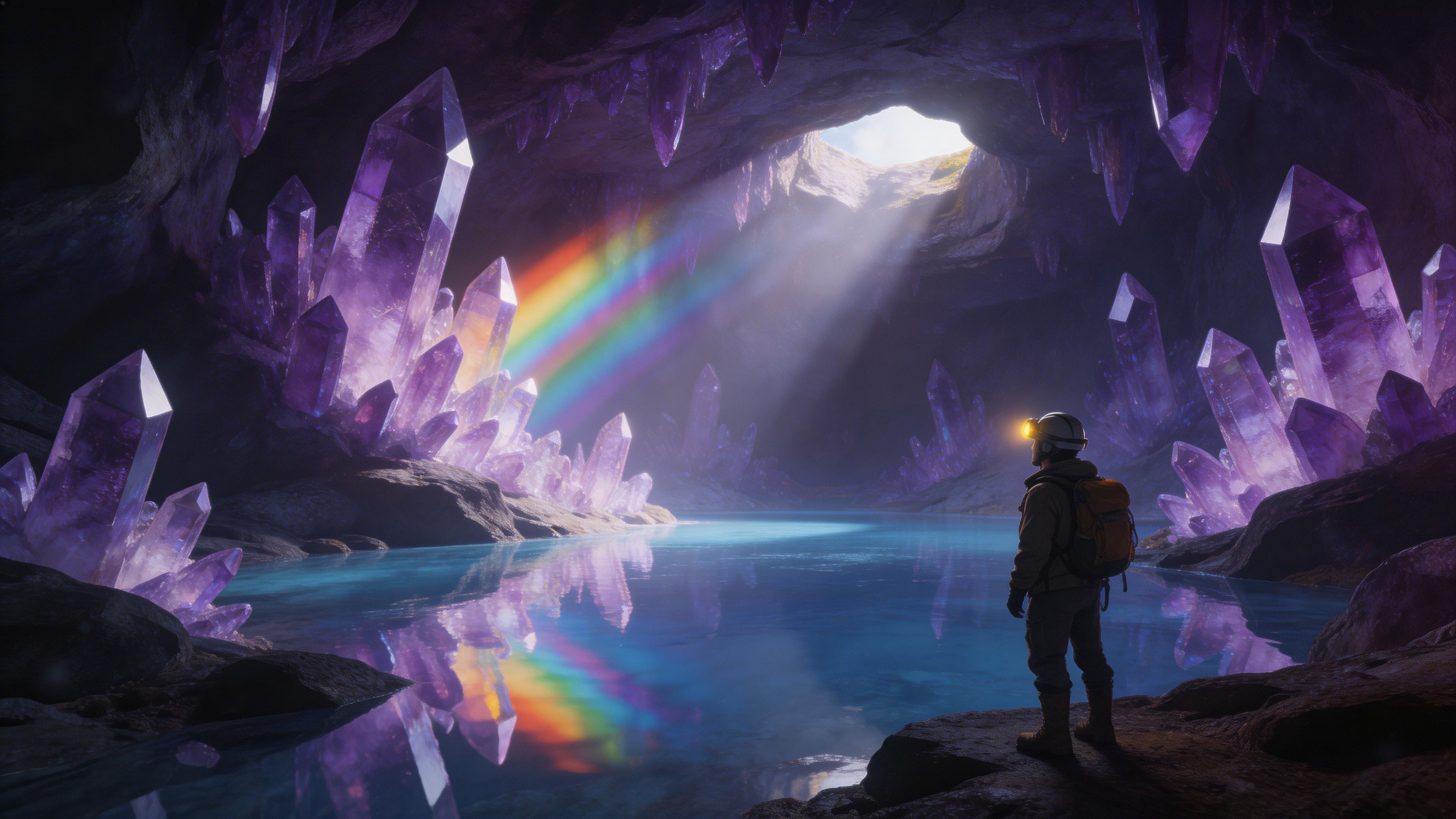 A crystal cave interior with amethyst formations reflecting prismatic light, und