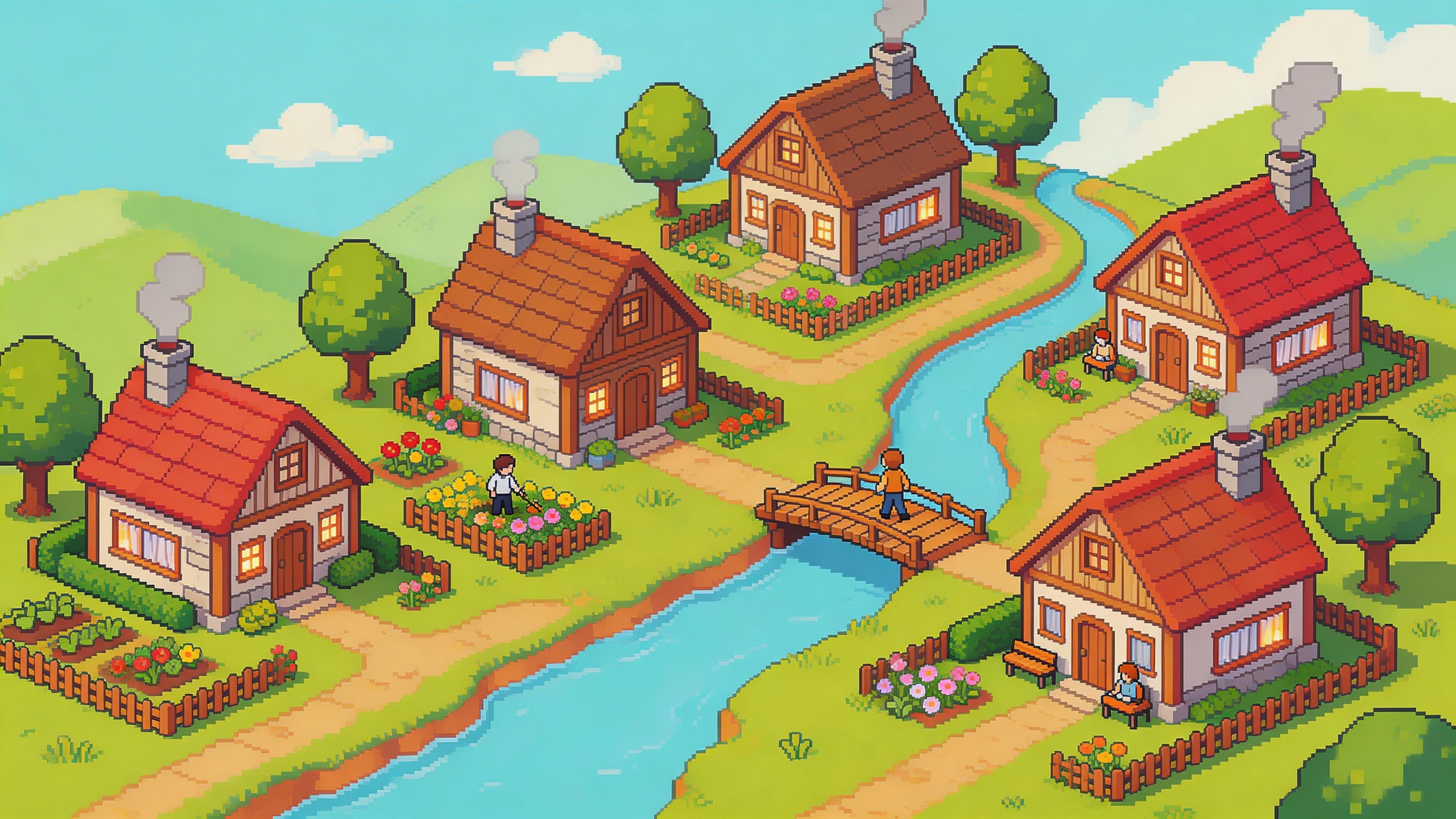 Isometric pixel art of a cozy village with tiny houses, gardens, and a river, vi