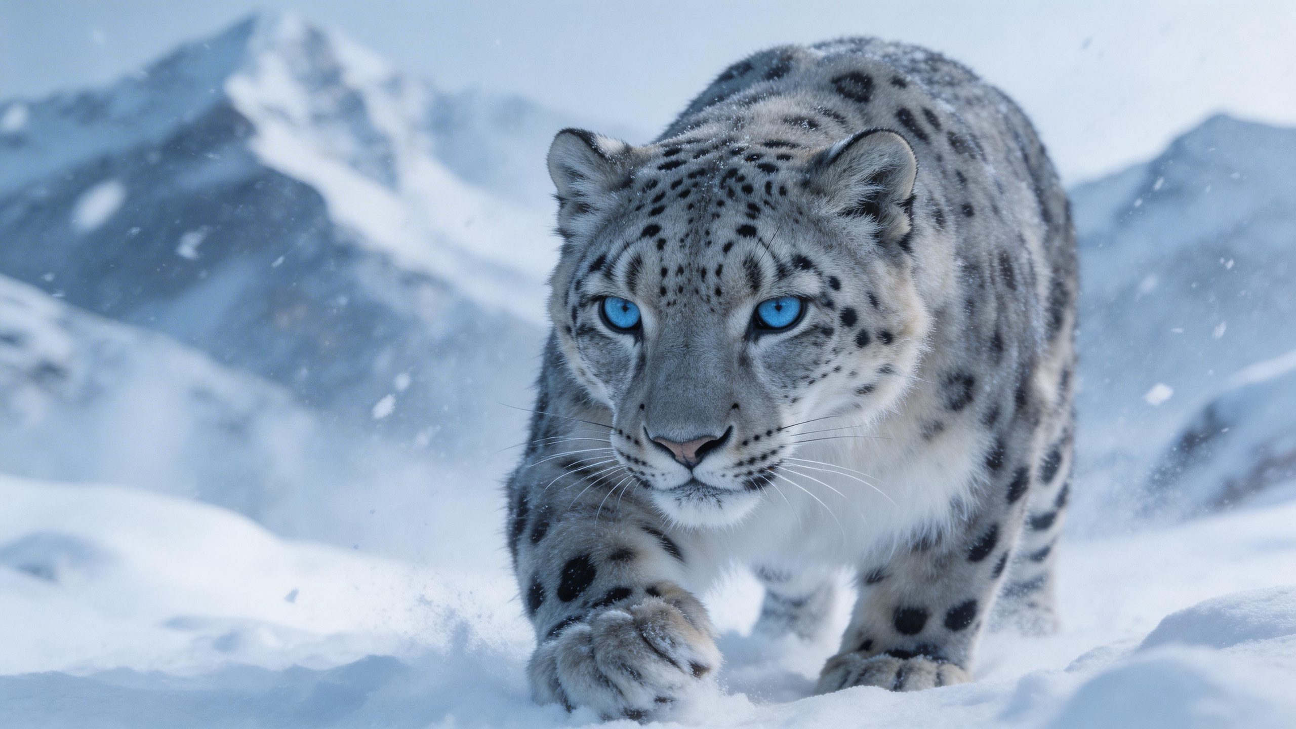 A snow leopard prowling through a Himalayan snowstorm, piercing blue eyes, fur d