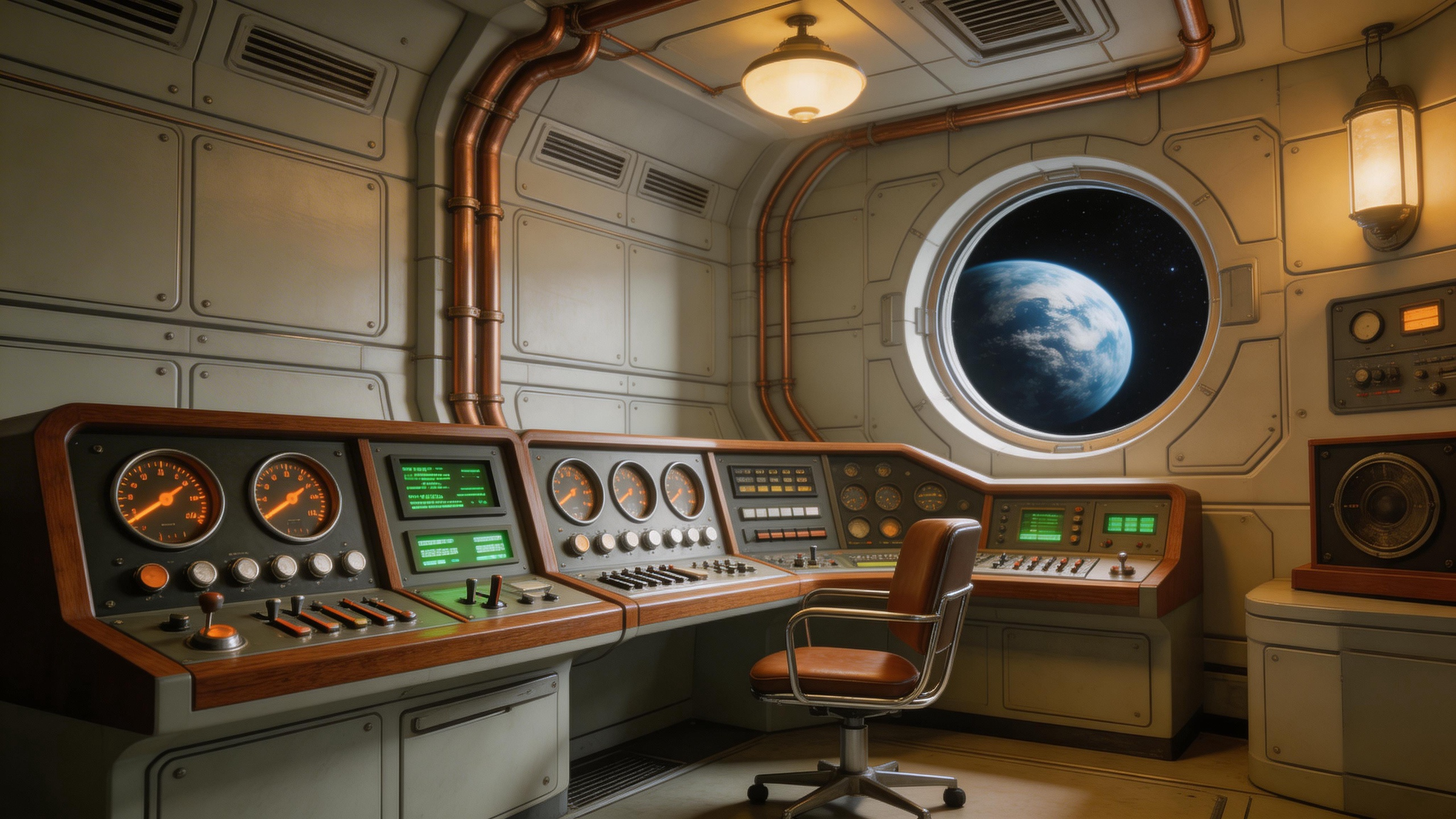 Retro-futuristic space station interior, 1960s sci-fi movie aesthetic, round win