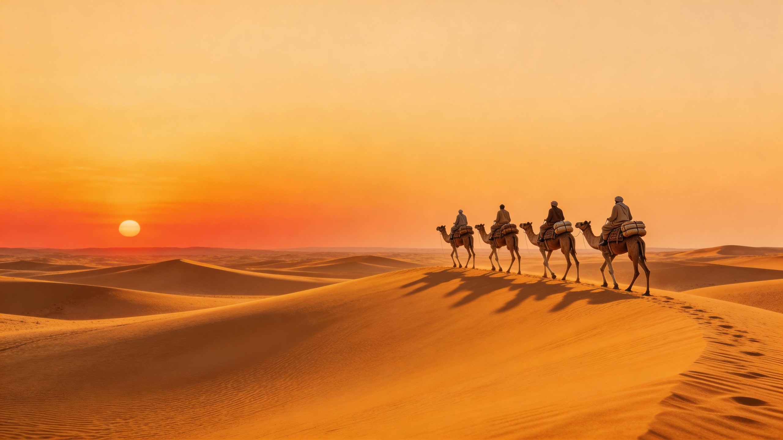 Vast desert landscape with a lone caravan of camels at sunset, Saharan dunes, go