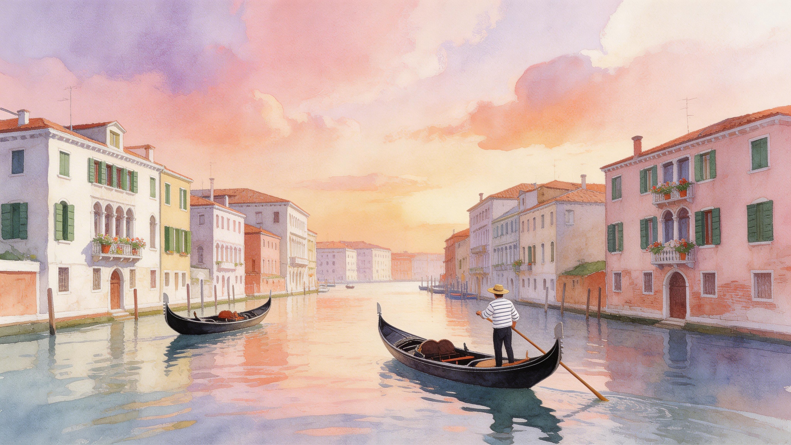 Watercolor illustration of a Venetian canal with gondolas, pastel sunset reflect