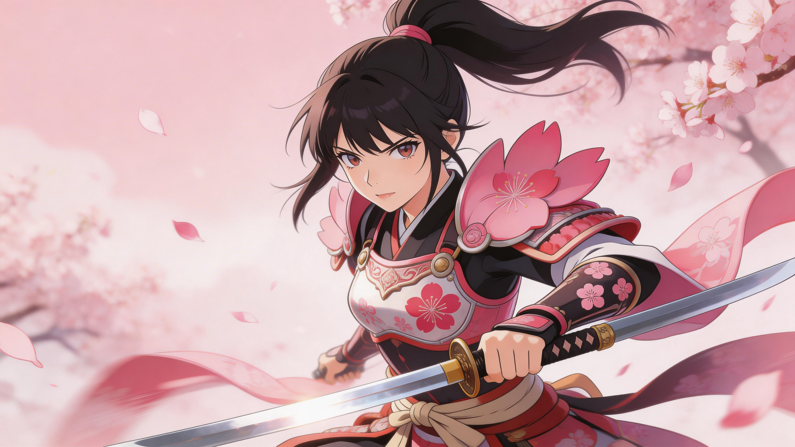 Anime girl warrior in cherry blossom armor, katana drawn, petals swirling in win