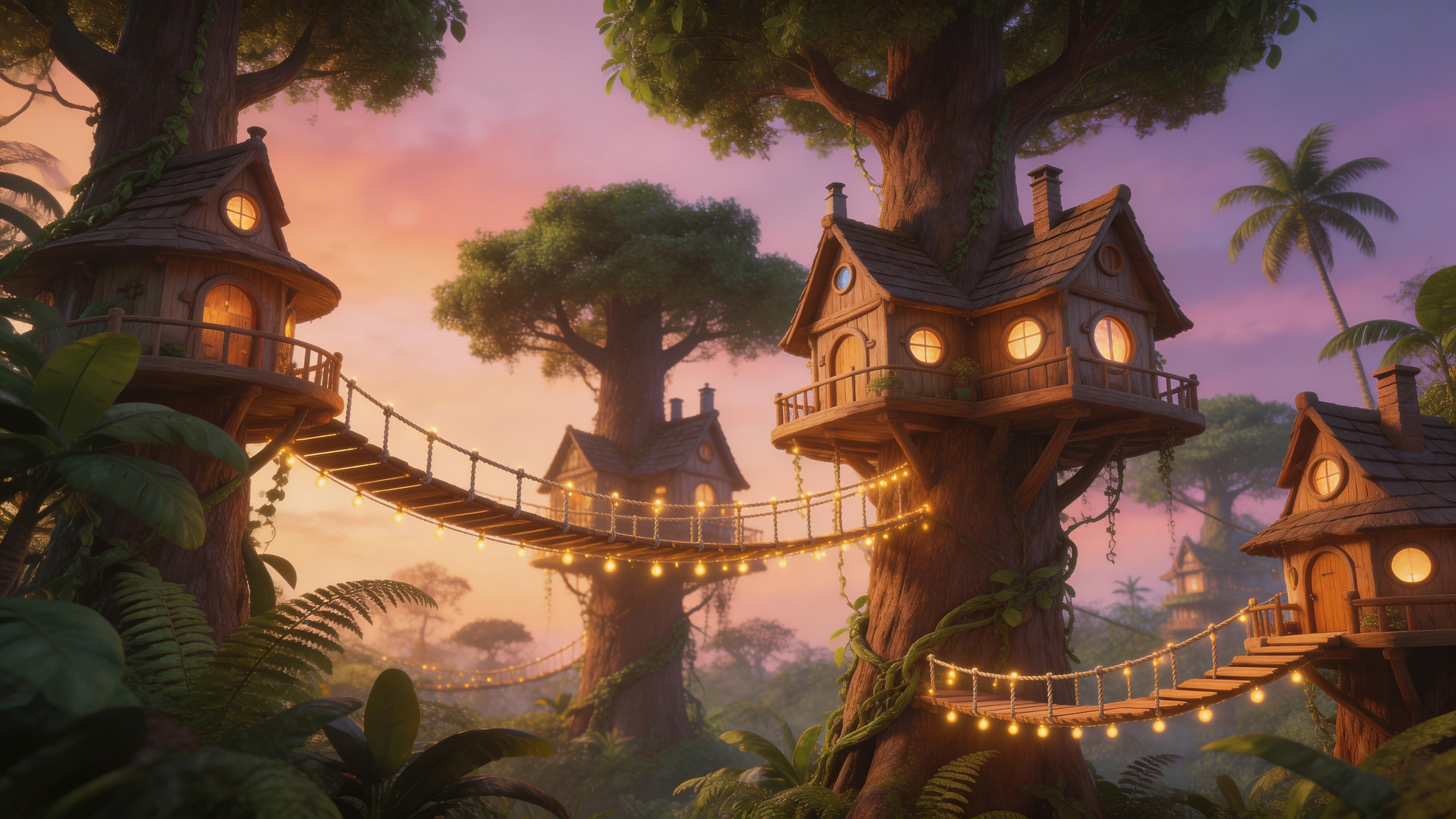 A whimsical treehouse village connected by rope bridges, fairy lights at dusk, l
