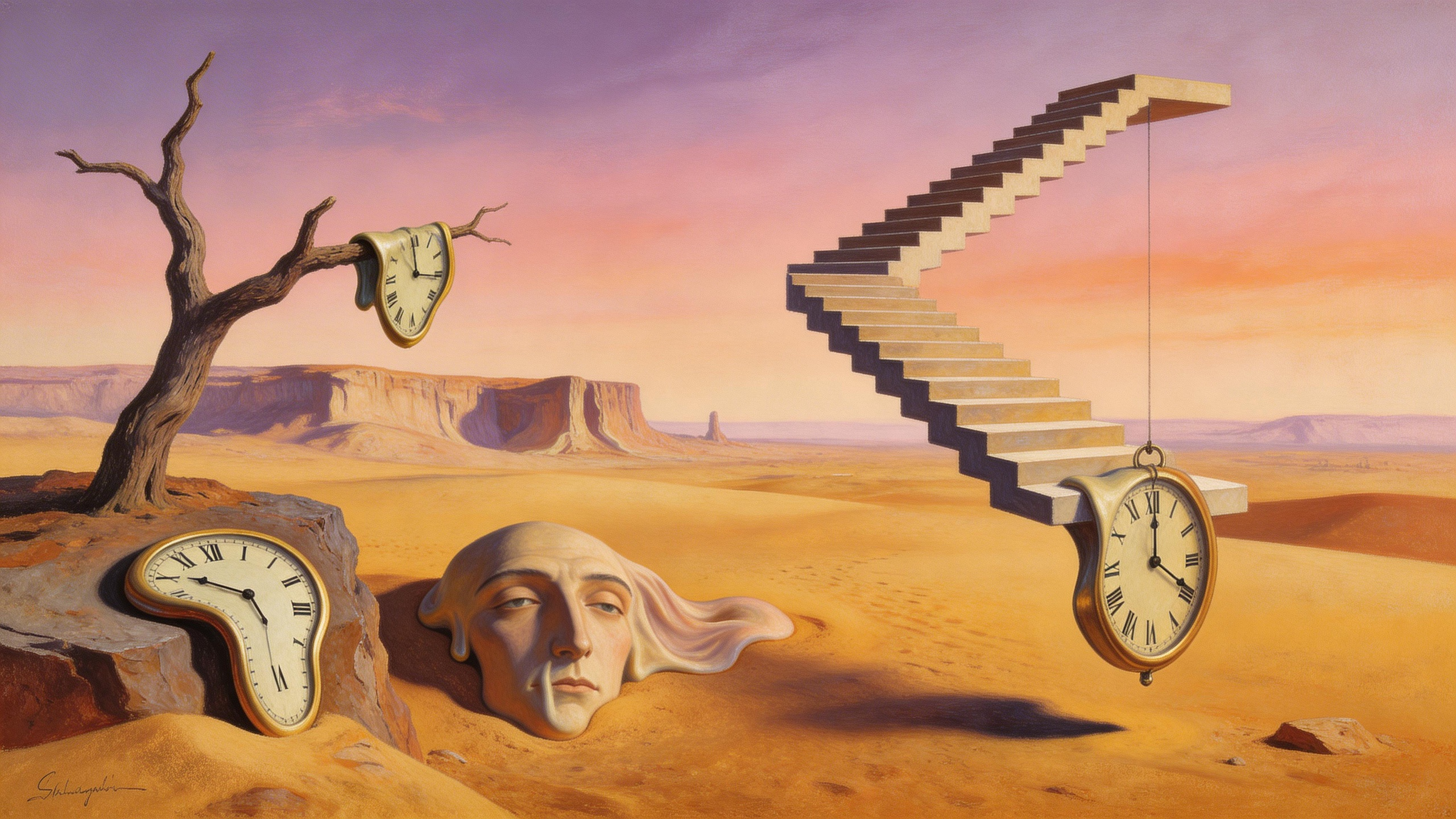 Surrealist painting of melting clocks in a dreamscape, floating staircases, impo
